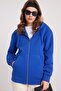 Women's Relax Fit Comfortable Cut Cotton Fleece Lined Double Pocket Zippered Sax Blue Hooded Sweatshirt - 2
