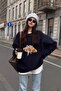 Women's Oversize Sweatshirt with Ribbon Croissant Print in Navy Blue – Crew Neck, 3 Thread Ribs - 4