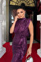 Sequin Fabric Evening Dress with Drawstring Detail - Patlican Purple - 3