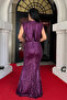 Sequin Fabric Evening Dress with Drawstring Detail - Patlican Purple - 5