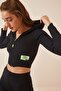 Women's Vivid Black Hooded Zippered Crop Sweatshirt YK00011 - 2
