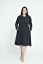 Plus Size Round Neck Pocket Waist Side Gathered Wool Viscose Midi Black Dress