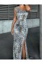 Women's the Flintstones Style One Shoulder Slit Sequin Fabric Zippered Long Evening Dress Beige - 4