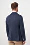 Men's Navy Blue Knitted Slim Fit Bag Pocket Mono Collar Sports Jacket - 5