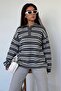 Anthracite Polo Collar Striped Women's Knitwear Sweater Mg2469 - 6