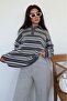 Anthracite Polo Collar Striped Women's Knitwear Sweater Mg2469 - 8