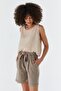 Elastic Waist Belted Linen Shorts Vizon - 2
