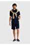 Men's navy blue linen blended contrast buttoned regular fit polo collar sweater - 5