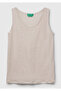 Women's Stone Color 100% Linen Regular Fit Round Neck Undershirt with Side Slits - 2