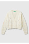 Women's Cream 100% Cotton Floral Embroidered Rib Detailed Off-Shoulder Cardigan - 2