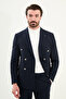 Striped Slim Fit Wide Collar Double Breasted Metal Button Men's Suit Navy Blue - 45408.25K - 4
