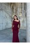 Women's Flexible Crepe Fabric Maxi Mermaid Dress with Tulle and Stone Detail Sleeves and Draped Front, Burgundy 5831 - 2