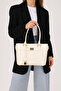 Women's Cream Belt and Lock Charm Detailed Zipper Closure Hand and Shoulder Bag Lotus - 6