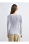 Navy Blue Crew Neck Striped Women's Bodysuit - 4