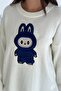 Labubu Appliqué Embroidered Oversized Sweater |   Gray, White, Burgundy, Yellow, Blue, Navy Blue, Pink 66022 - 3