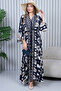 Women's Navy Blue Ethnic Authentic Patterned Balloon Sleeve Loose Oversize Long Dress