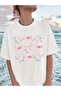 Oversize Crew Neck T-Shirt with Ribbon and Flower Print
