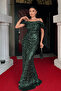 Sequin Fabric Degaje Collar Evening Dress - Emerald Green
