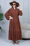 Women's Brown Buttoned Placket Collar Oversized Loose Balloon Sleeve Long Dress - 2