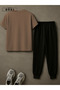 Power Fit - Plus Size Light Brown T-Shirt & Black Pants Tracksuit Set - 3