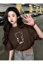Women's Brown Linear Bear Printed Oversize T-Shirt
