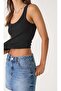 Women's Ribbed Look Thick Strap Basic Black Undershirt - 4