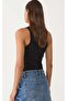 Women's Ribbed Look Thick Strap Basic Black Undershirt - 3