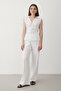 Women's White Shoulder Drawstring Blouse & Elastic Waist Trousers Linen Set