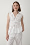 Women's White Shoulder Drawstring Blouse & Elastic Waist Trousers Linen Set - 4