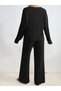 Women's Black Ribbed Knitted Fabric V-Neck Sweatshirt - Loose Fit Casual Tracksuit Set - 4