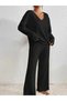 Women's Black Ribbed Knitted Fabric V-Neck Sweatshirt - Loose Fit Casual Tracksuit Set - 3