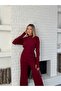 Women's Burgundy Half-Turtleneck Knitwear Top and Bottom Set - 2