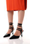 Black Leather Drawstring Pointed Heeled Shoes - 2