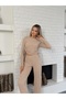 Women's Beige Drawstring Detailed Gagari Fabric Top and Bottom Set - 2