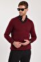 Men's Standard Fit Regular Cut V-Neck Cotton Claret Red Knitwear Sweater
