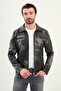 Patterned Slim Fit Shirt Collar Faux Leather Men's Coat Black - 39647.25K