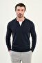 Plain Slim Fit Zippered Polo Collar Men's Knitwear Sweater Navy Blue - 11560.25K