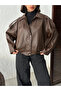 New Season Bomber Leather Jacket with Oversized Epaulet Detail - 2