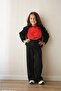 Girl's Black 2-Piece Set - Red Organza Rose Detailed Sweatshirt & Comfortable Tracksuit Set - 3