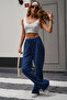Navy Blue Linen Look Stretch Fabric High Waist Wide-Leg Palazzo Sweatpants - 4