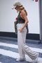Cream Linen Look Lycra High Waist Wide Leg Palazzo Sweatpants - 6