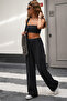 Black Linen Look Stretch Fabric High Waist Wide-Leg Palazzo Sweatpants - 5