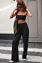 Black Summer Linen-Look Lycra High-Waisted Wide-Leg Palazzo Trousers - 6