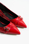 Red Patent Leather Double Buckle Pointed Toe Low Block Heel Women's Ballerina Shoes - 6