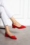 Red Patent Leather Double Buckle Pointed Toe Low Block Heel Women's Ballerina Shoes
