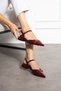 Burgundy Patent Leather Ankle Strap Double Silver Buckle Pointed Toe Low Heel Women's Ballet Shoes - 2