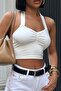 Ekru Front Gathered Strap Crop Flexible Blouse