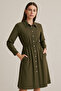 Women's Khaki Buttoned Long Sleeve Midi Shirt Dress - 5