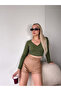 Women's Khaki V-Neck Long Sleeve Crop Blouse - 2