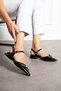 Black Patent Leather Ankle Strap Gold Buckle Pointed Toe Low Heel Women's Ballerina Shoes - 2